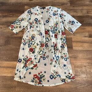 XL Floral Kimono Duster Open Swim Cover-Up White Floral Sheer Cruise Beach Pool